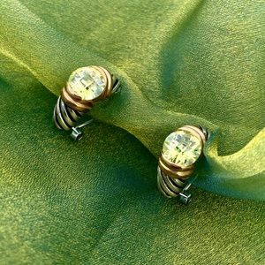 Green faceted Crystal set in gold and silver pierced earrings, NWOT